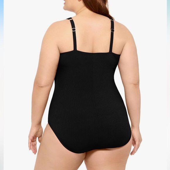 NWT Christina Blue - One-Piece Black Ribbed Bathing Suit Gold Faux Buttons, 24W - Picture 3 of 9